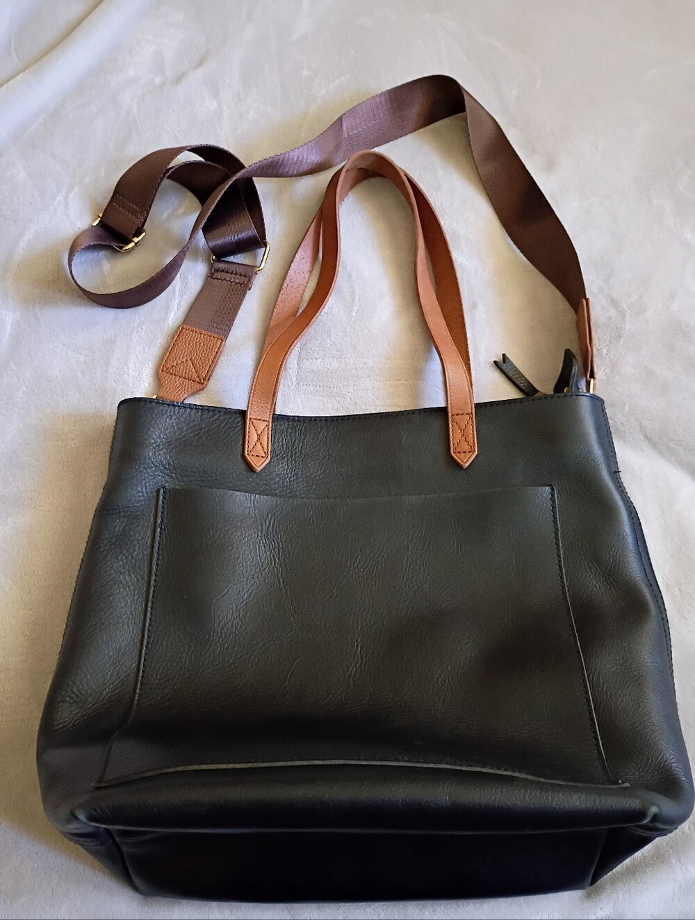 Madewell Leather Medium Zip Top Transport Tote in Black with Brown Straps